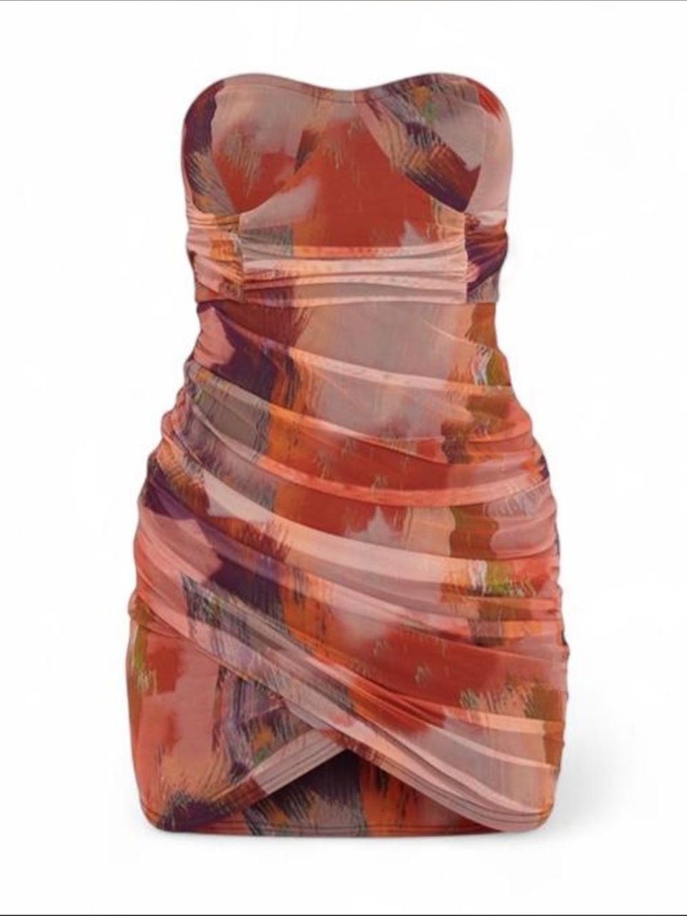 Strapless Orange Abstract Ruched Bodycon Dress